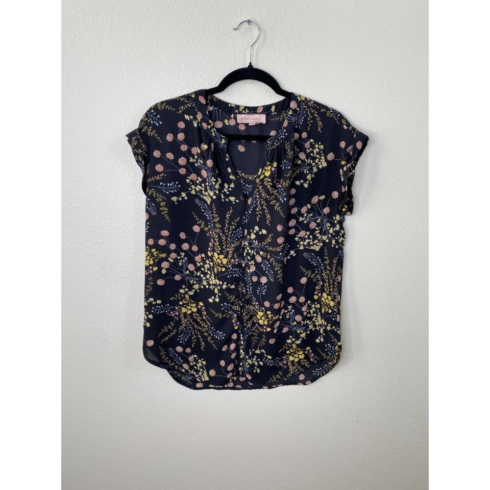 Philosophy Republic Womens Floral Print Blouse S Lightweight Short Sleeve Black